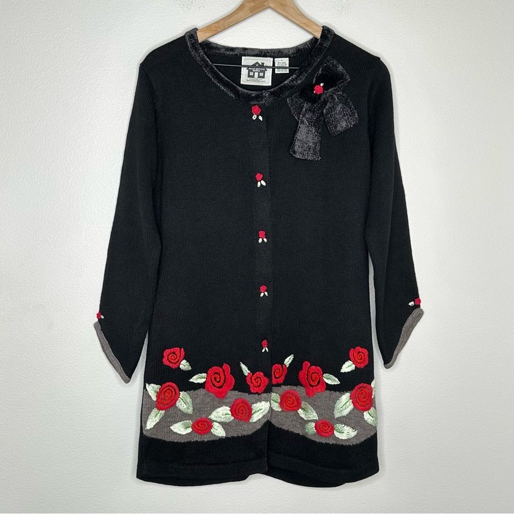 Storybook Knits Vintage Knit Cardigan Sweater Sz S Embroidered Roses Black Gma
